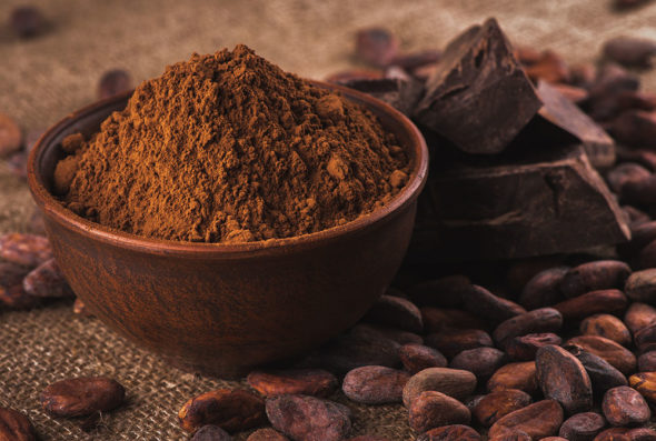 crude dark cocoa powder in a brown ceramic bowl, raw 